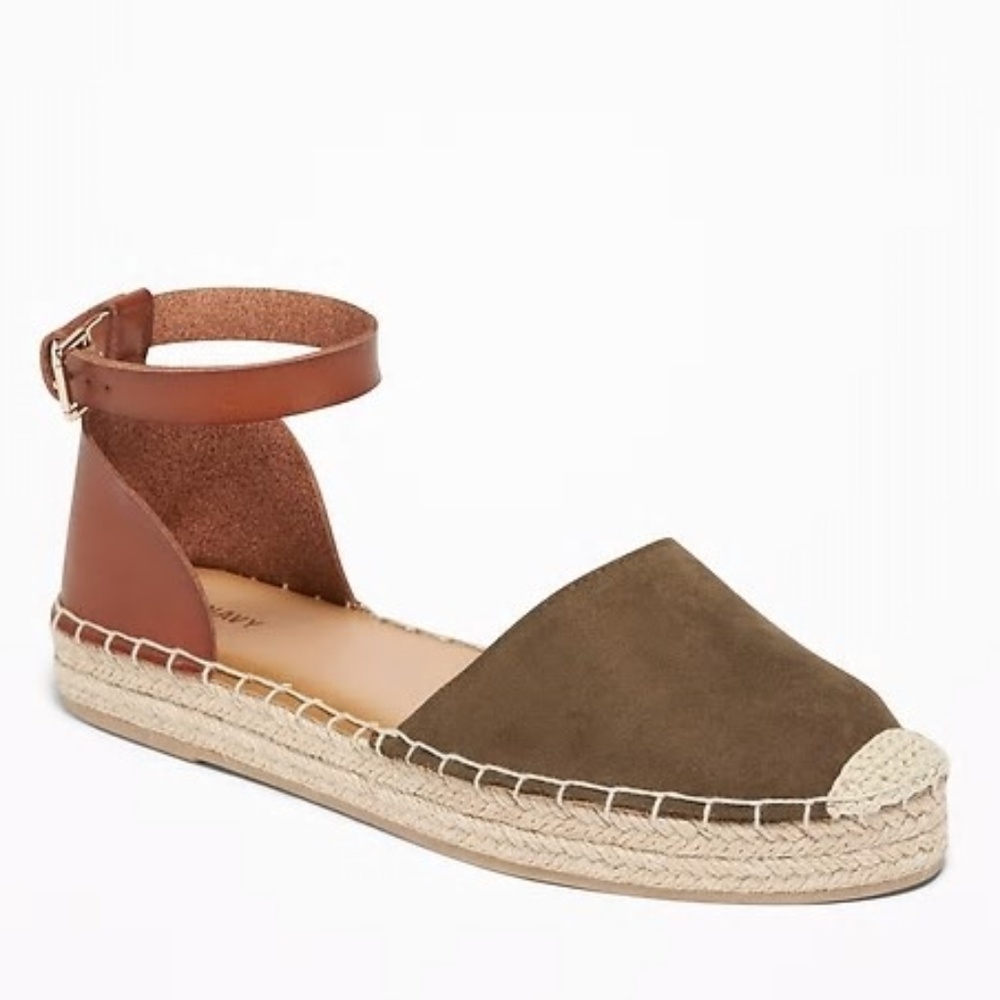 Faux-Suede/Faux-Leather Ankle-Strap Espadrilles.